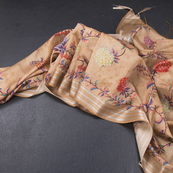 Raw Silk Sandal Floral Printed Saree With Zari Border