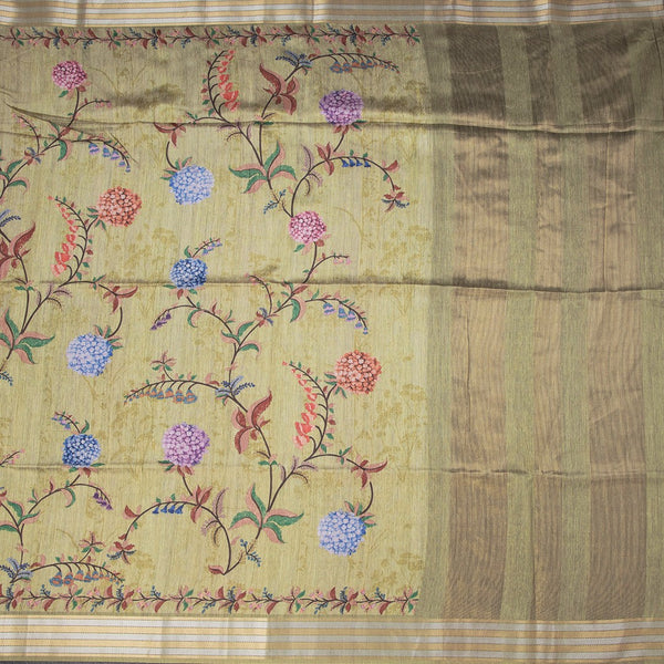 Raw Silk Pista Green Floral Printed Saree And Zari Border