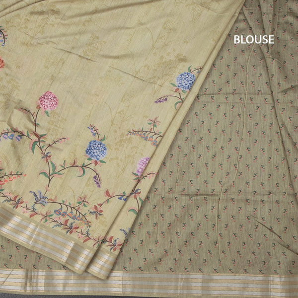 Raw Silk Pista Green Floral Printed Saree And Zari Border