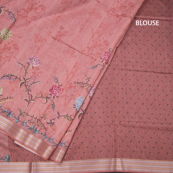 Raw Silk Coral Pink Floral Printed Saree And Zari Border