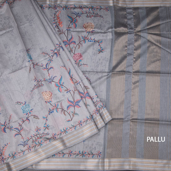 Raw Silk Light Grey Floral Printed Saree And Zari Border