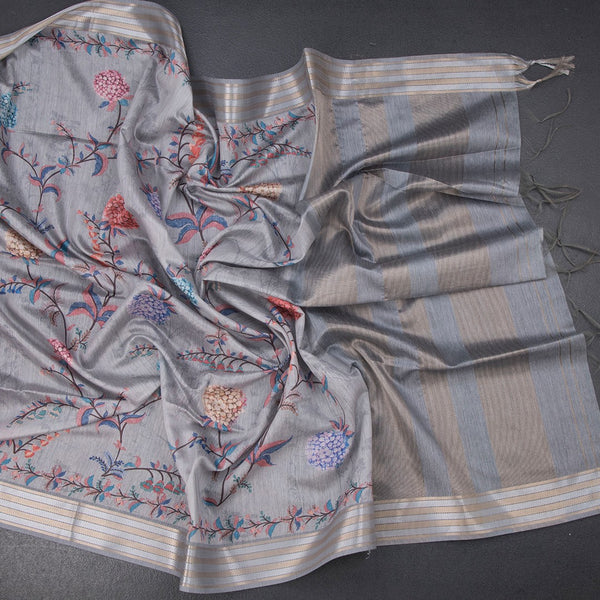 Raw Silk Light Grey Floral Printed Saree And Zari Border