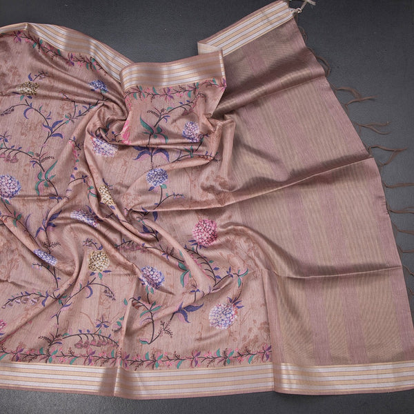 Raw Silk Light Brown Floral Printed Saree And Zari Border