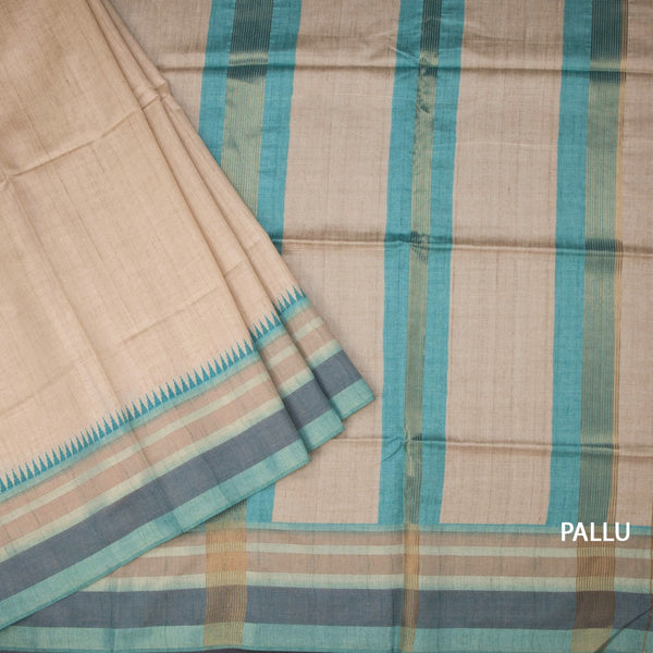 Raw Silk Sandal Plain Saree And Printed Temple Border