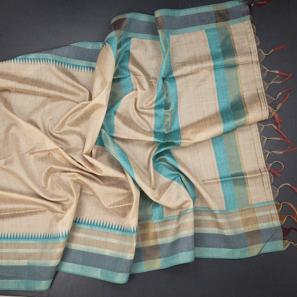 Raw Silk Sandal Plain Saree And Printed Temple Border