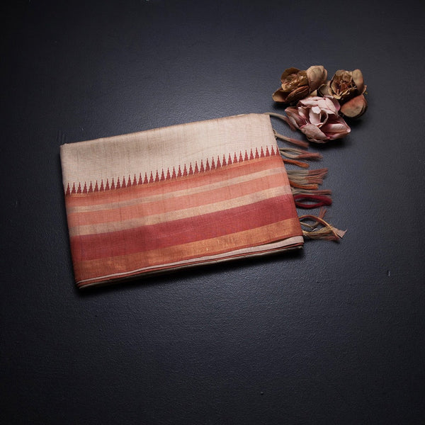 Raw Silk Sandal Plain Saree And Printed Temple Border 02