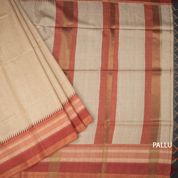 Raw Silk Sandal Plain Saree And Printed Temple Border 02