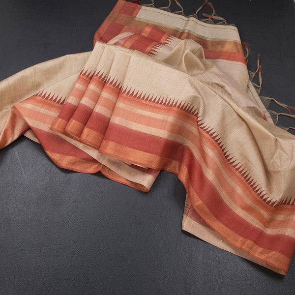 Raw Silk Sandal Plain Saree And Printed Temple Border 02