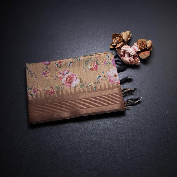 Raw Silk Golden Brown Floral Printed Saree And Zari Border