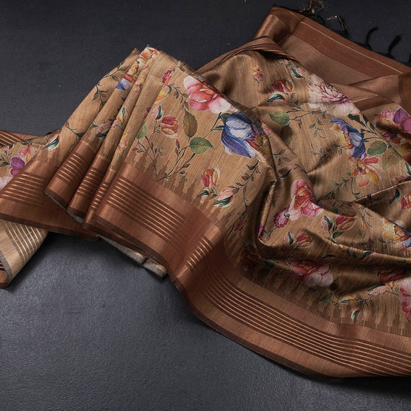 Raw Silk Golden Brown Floral Printed Saree And Zari Border