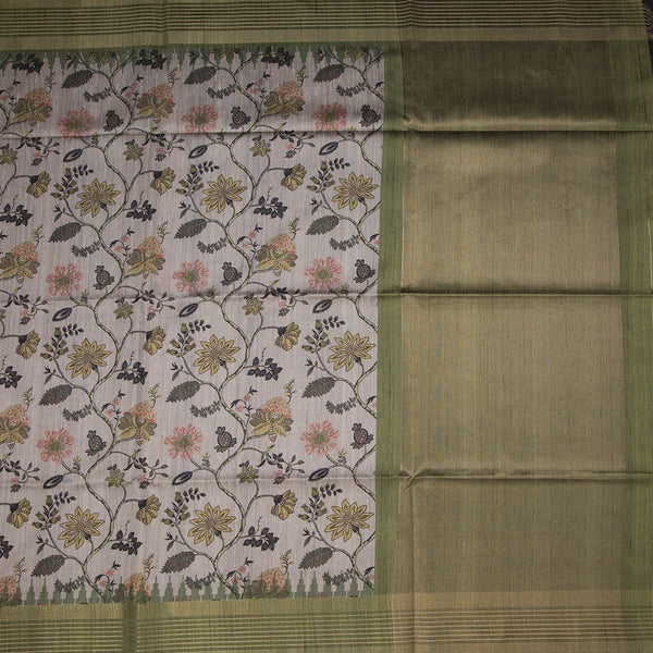 Raw Silk Grey Floral Printed Saree And Zari Border 02