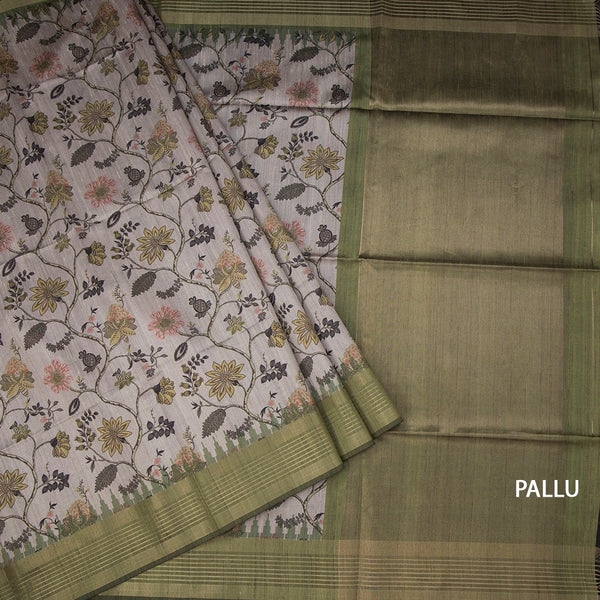 Raw Silk Grey Floral Printed Saree And Zari Border 02