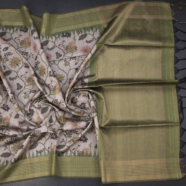 Raw Silk Grey Floral Printed Saree And Zari Border 02