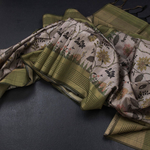 Raw Silk Grey Floral Printed Saree And Zari Border 02