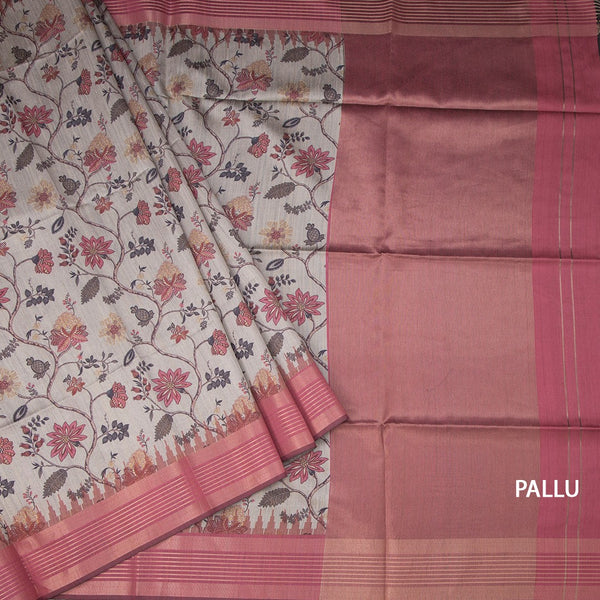 Raw Silk Light Grey Floral Printed Saree And Zari Border 02