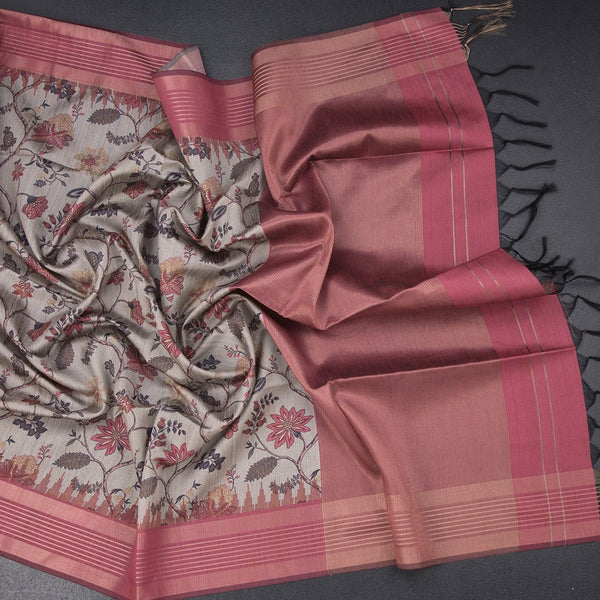 Raw Silk Light Grey Floral Printed Saree And Zari Border 02
