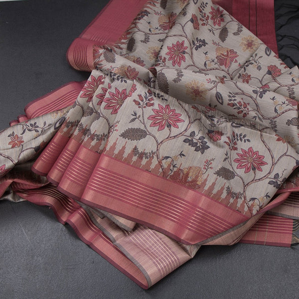 Raw Silk Light Grey Floral Printed Saree And Zari Border 02