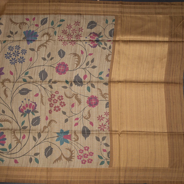 Raw Silk Golden Brown Floral Printed Saree And Zari Border 02
