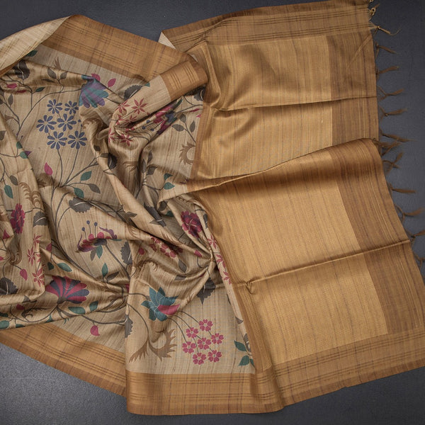 Raw Silk Golden Brown Floral Printed Saree And Zari Border 02