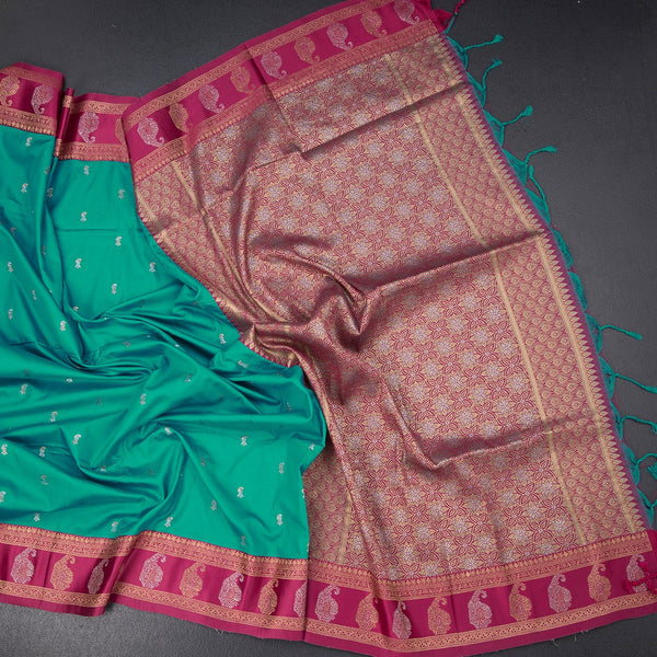 Art Silk Peacock Green Saree With Zari Buttas And Mango Border
