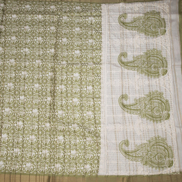Raw Silk Green Printed Saree And Zari Border