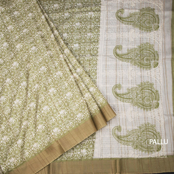 Raw Silk Green Printed Saree And Zari Border