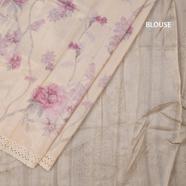 Raw Silk Cream Floral Printed Saree And Thread Cut WorkBorder