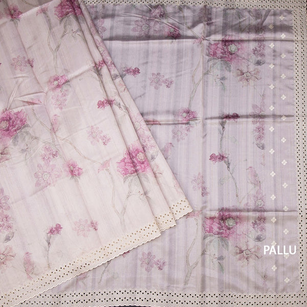 Raw Silk Light Onion Pink Floral Printed Saree And Cut Work Border