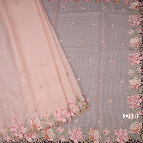 Kota Peach Floral Thread Work Saree And Cut Work Border