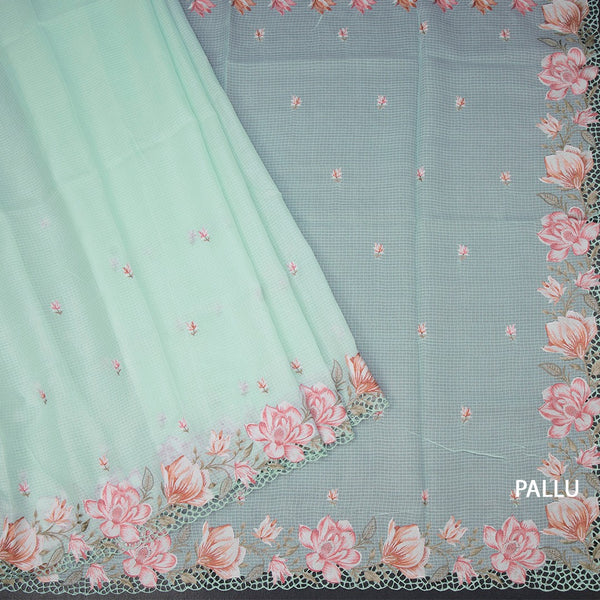 Kota Mint Green Floral Thread Work Saree And Cut Work Border