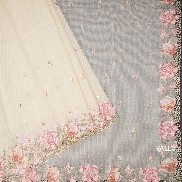 Kota Cream Floral Thread Work Saree And Cut Work Border