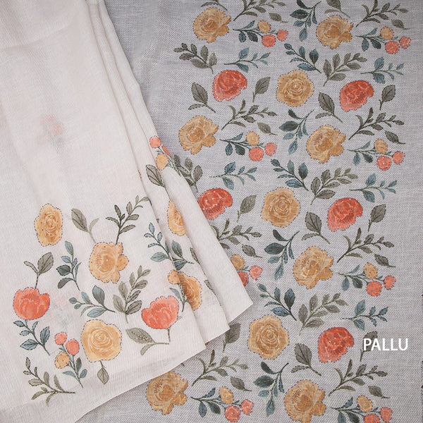 Cotton Cream Painted With Thread Work Saree