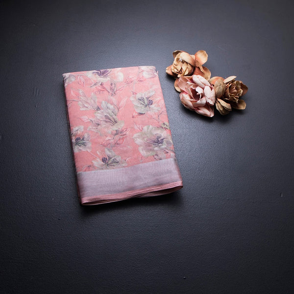 Semi Linen Peach Floral Printed Saree 02