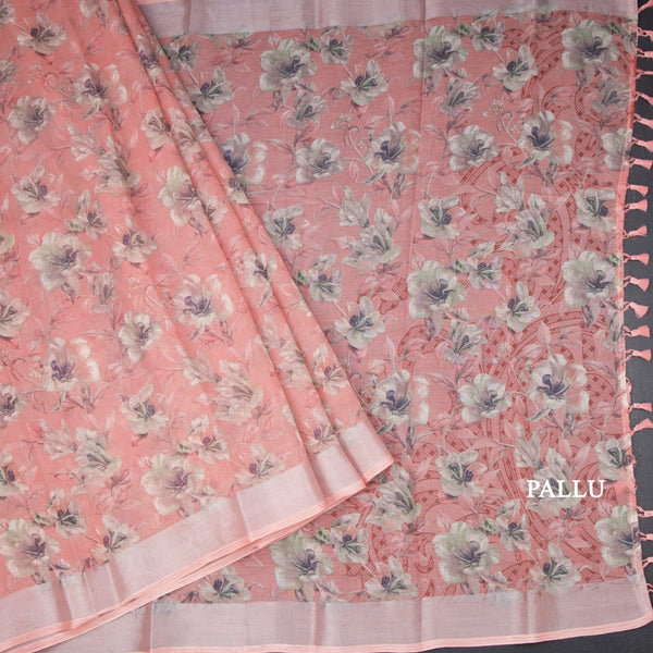 Semi Linen Peach Floral Printed Saree 02