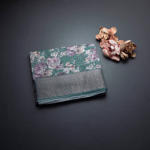 Semi Linen Teal Green Floral Printed Saree 03