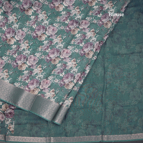 Semi Linen Teal Green Floral Printed Saree 03
