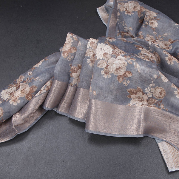 Semi Linen Grey Floral Printed Saree 09