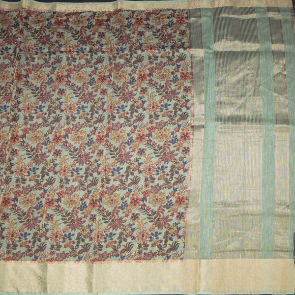 Semi Linen Pista Green Floral Printed Saree 03
