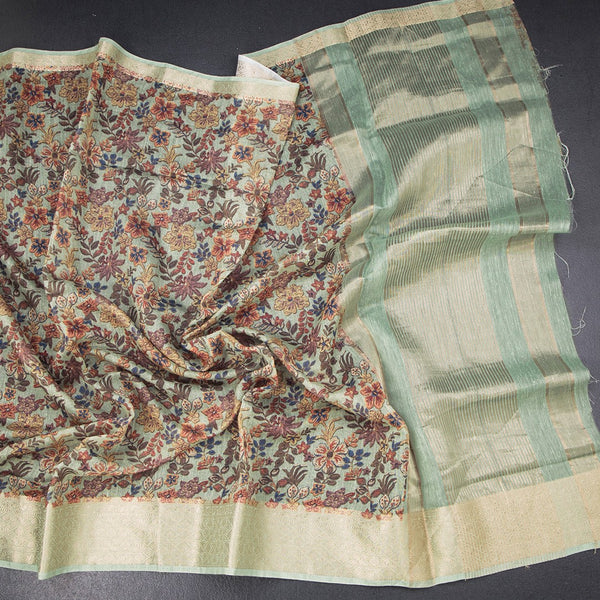 Semi Linen Pista Green Floral Printed Saree 03