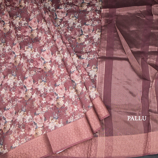 Semi Linen Maroon Floral Printed Saree 02