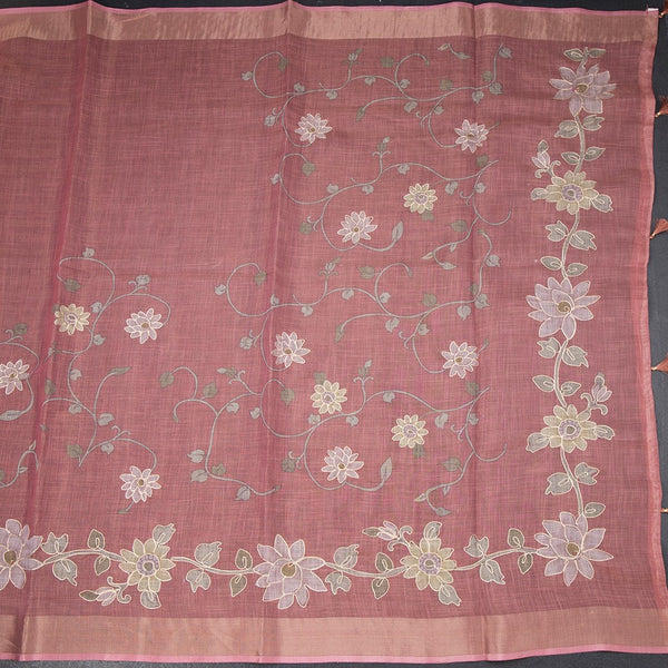Semi Linen Dark Peach Saree With Painted Zari Thread Work