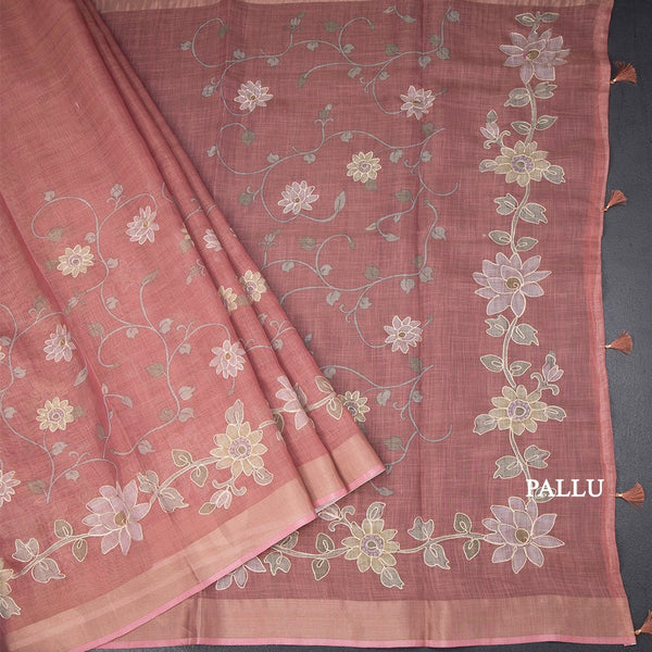 Semi Linen Dark Peach Saree With Painted Zari Thread Work
