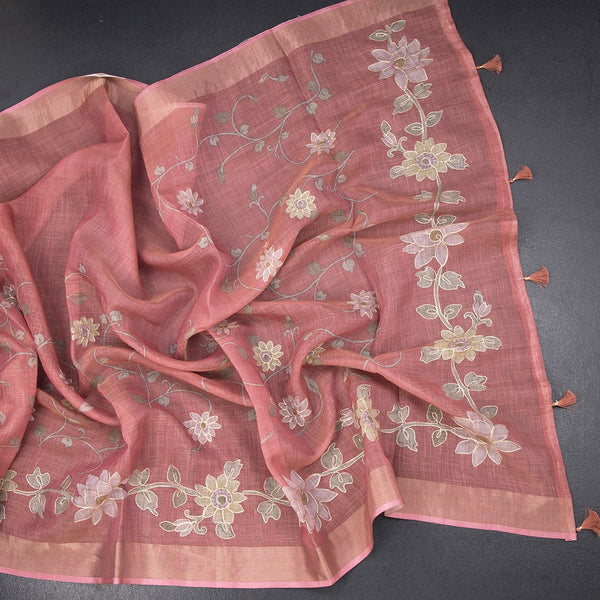 Linen Dark Peach Saree With Painted Zari Thread Work