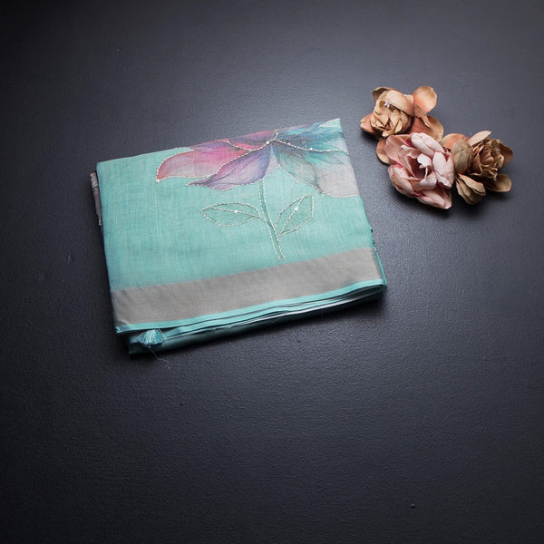 Semi Linen Mint Green Floral Painted With Thread Work Saree