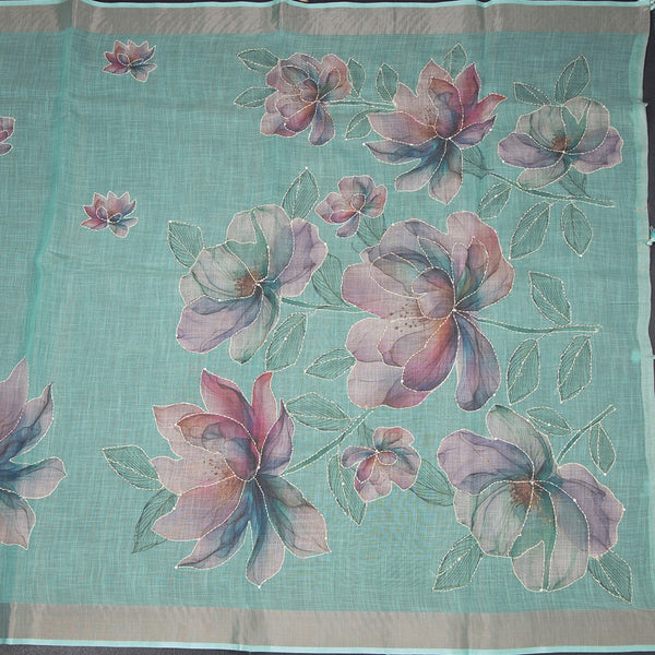 Semi Linen Mint Green Floral Painted With Thread Work Saree