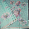 Semi Linen Mint Green Floral Painted With Thread Work Saree