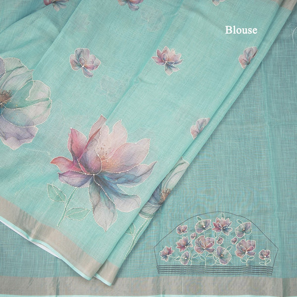 Semi Linen Mint Green Floral Painted With Thread Work Saree