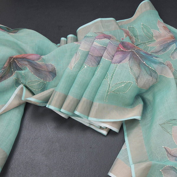 Semi Linen Mint Green Floral Painted With Thread Work Saree
