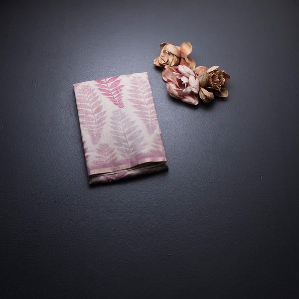 Semi Raw Silk Cream Leaf Printed Saree 03