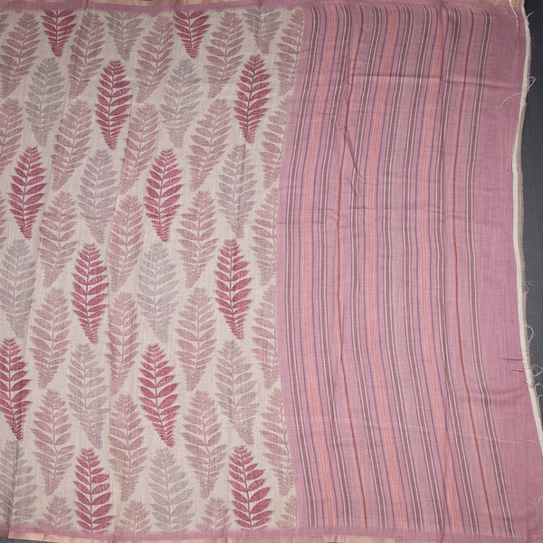 Semi Raw Silk Cream Leaf Printed Saree 03